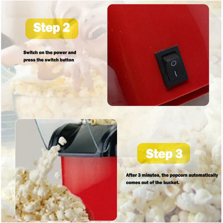 Red mini popcorn machine with black switch button and popping popcorn inside. - Mini PopCorn Machine - Menzaar - Default Title